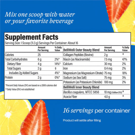 BelliWelli Fiber Supplement with Added Collagen Electrolytes & Probiotics /Gut Health Support (Strawberry Lemonade)