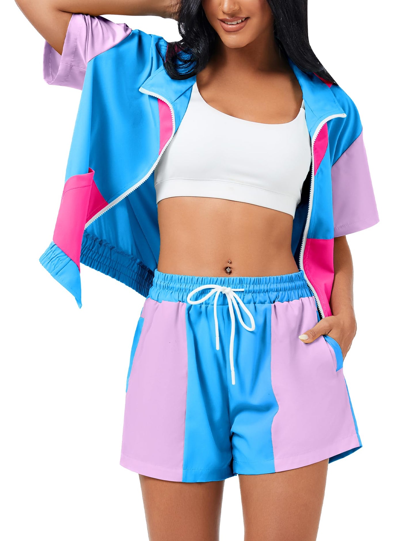 Women's Color Block 80s 90s Outfit 2 Piece Short Sleeve Costume