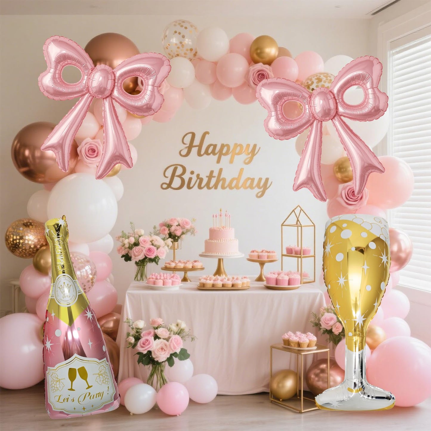 Pink Bow, Gold Champagne Bottle and Goblet Aluminum Foil Balloons-6 Pcs