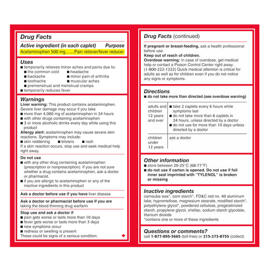 Tylenol Extra Strength Acetaminophen Caplets, 500 mg