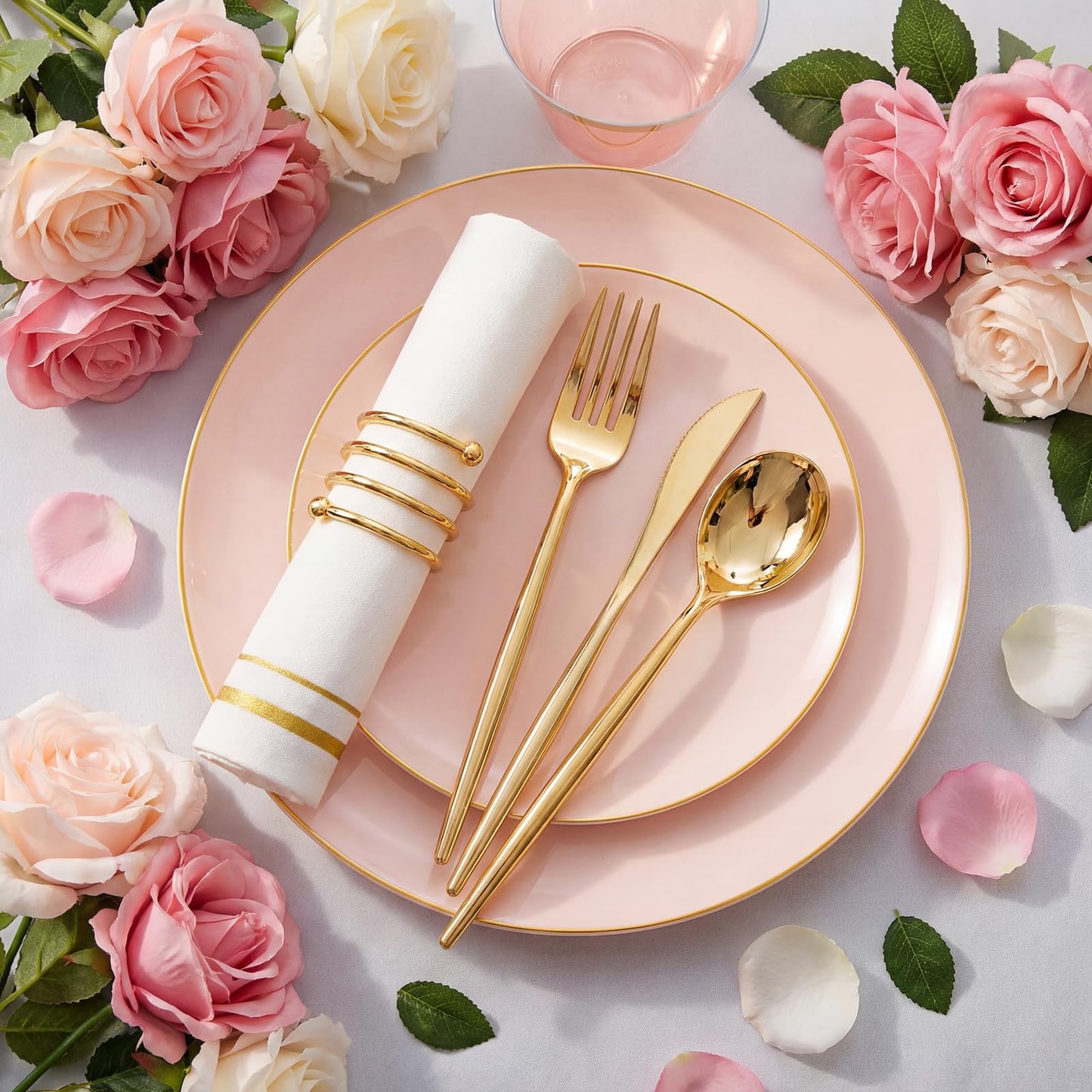 Pink Plastic Plates, Cups, Napkins Sets with Gold Rim – 210pc
