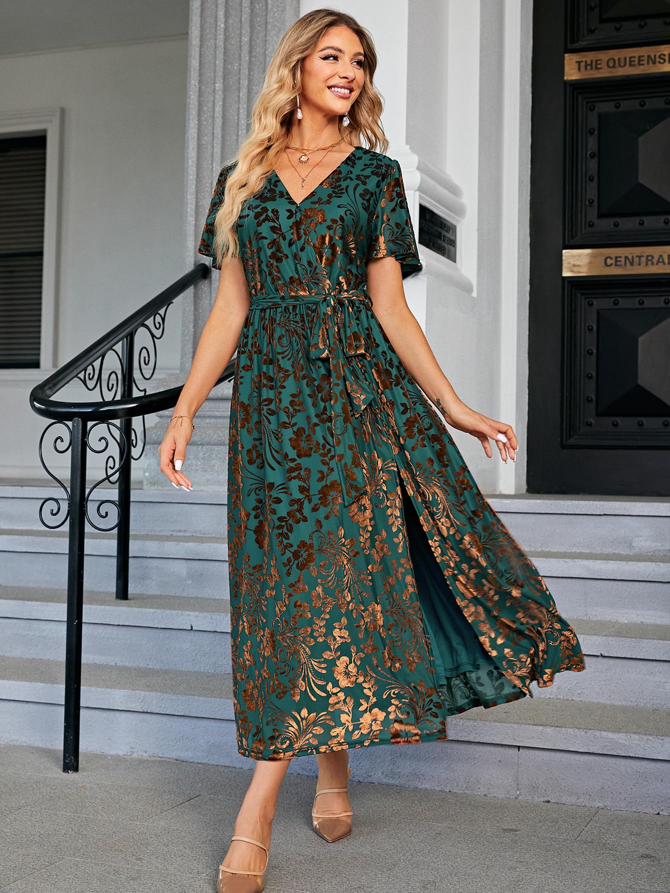 BerryGo Women's Floral Velvet Fall Ruffle Short Sleeve Maternity Prom Maxi Dress Elegant Semi Formal Wrap Dress for Wedding Guest Vestidos Mujer Elegantes Dark Green, XL