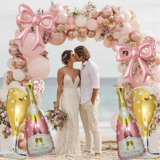 Pink Bow, Gold Champagne Bottle and Goblet Aluminum Foil Balloons-6 Pcs