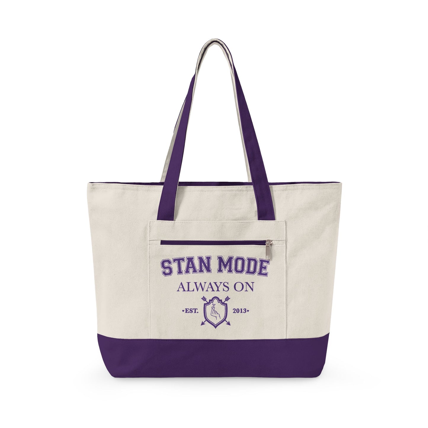 Stan Mode Always On Kpop Inspired Canvas Tote Bag with Zipper Pocket-Purple