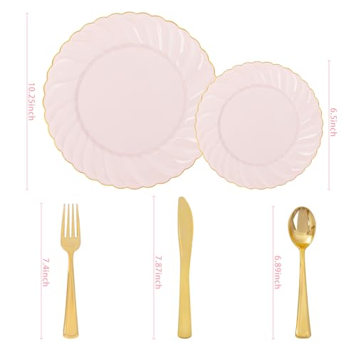Scalloped Plastic Plates Set Includes 25 Dinner, 25 Dessert Plate, 75 Gold Silverware for 25Guests -125Pcs Total