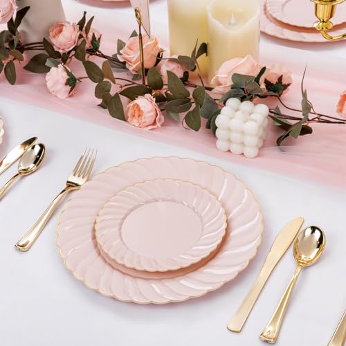 Scalloped Plastic Plates Set Includes 25 Dinner, 25 Dessert Plate, 75 Gold Silverware for 25Guests -125Pcs Total