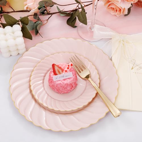 Scalloped Plastic Plates Set Includes 25 Dinner, 25 Dessert Plate, 75 Gold Silverware for 25Guests -125Pcs Total