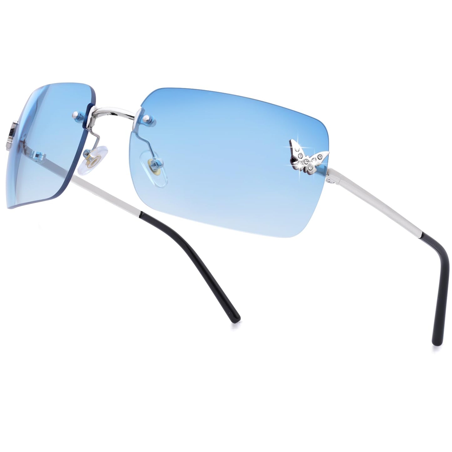 Rimless Rectangle  Sunglasses Blue Tinted Lens (Amazon Find - knliwkm)