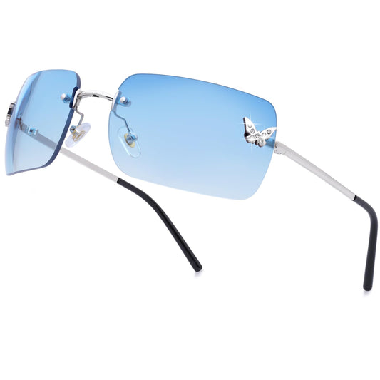 Rimless Rectangle  Sunglasses Blue Tinted Lens (Amazon Find - knliwkm)