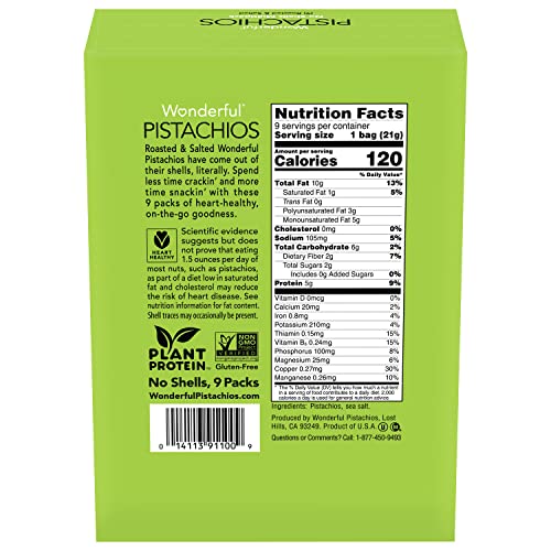 Wonderful Pistachios No Shells, Roasted & Salted Nuts, 0.75 Ounce Bag -Pack of 9