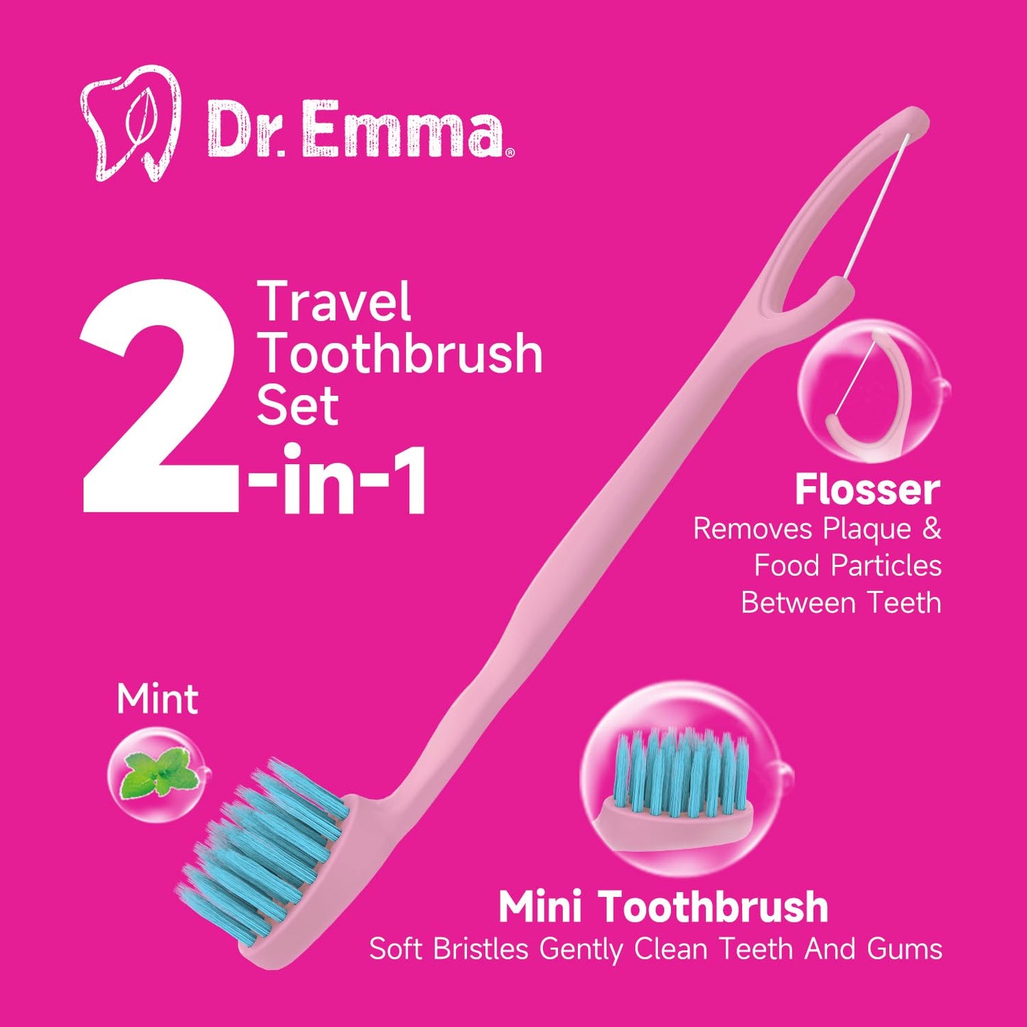 Dr. Emma Mini Brush Disposable Toothbrushes with Floss, Travel Mint Toothbrush-24 Packs