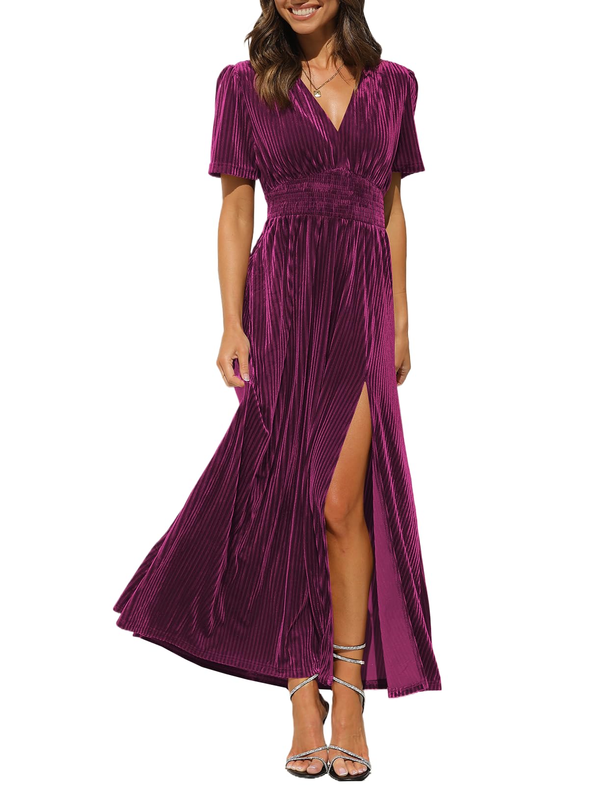 Sissyaki Women's Retro V-Neck Velvet Maxi Dress Wedding Guest Formal Party Long Dresses A#Purple Large