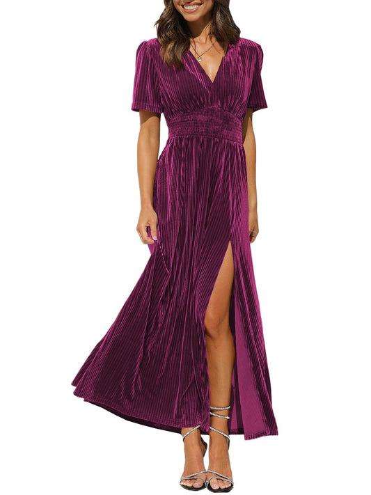 Sissyaki Women's Retro V-Neck Velvet Maxi Dress Wedding Guest Formal Party Long Dresses A#Purple Large