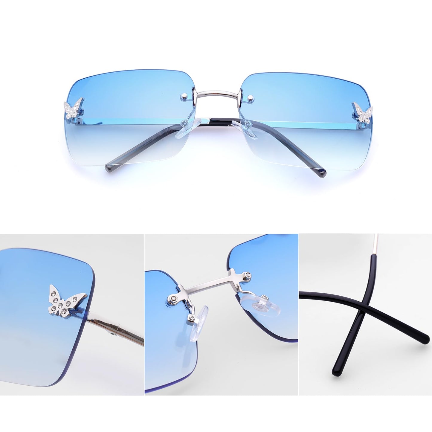 Rimless Rectangle  Sunglasses Blue Tinted Lens (Amazon Find - knliwkm)