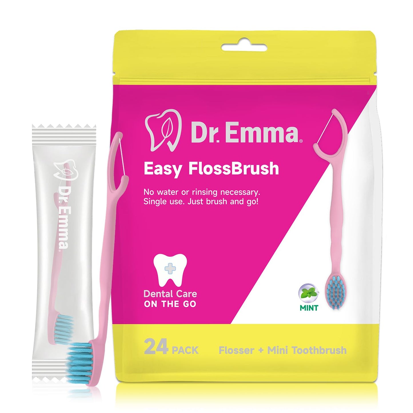 Dr. Emma Mini Brush Disposable Toothbrushes with Floss, Travel Mint Toothbrush-24 Packs