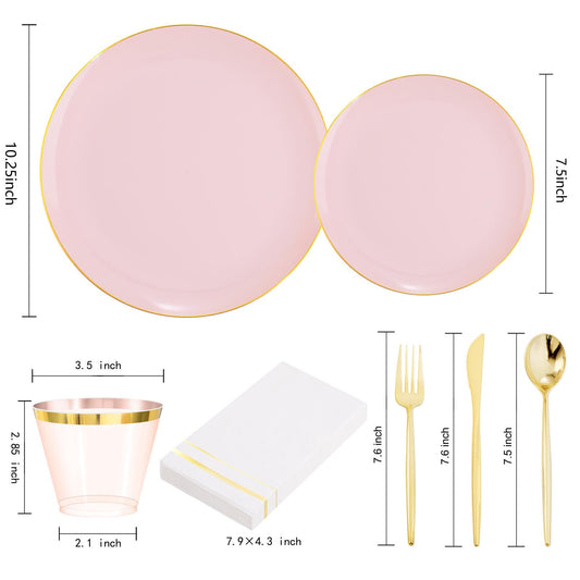 Pink Plastic Plates, Cups, Napkins Sets with Gold Rim – 210pc