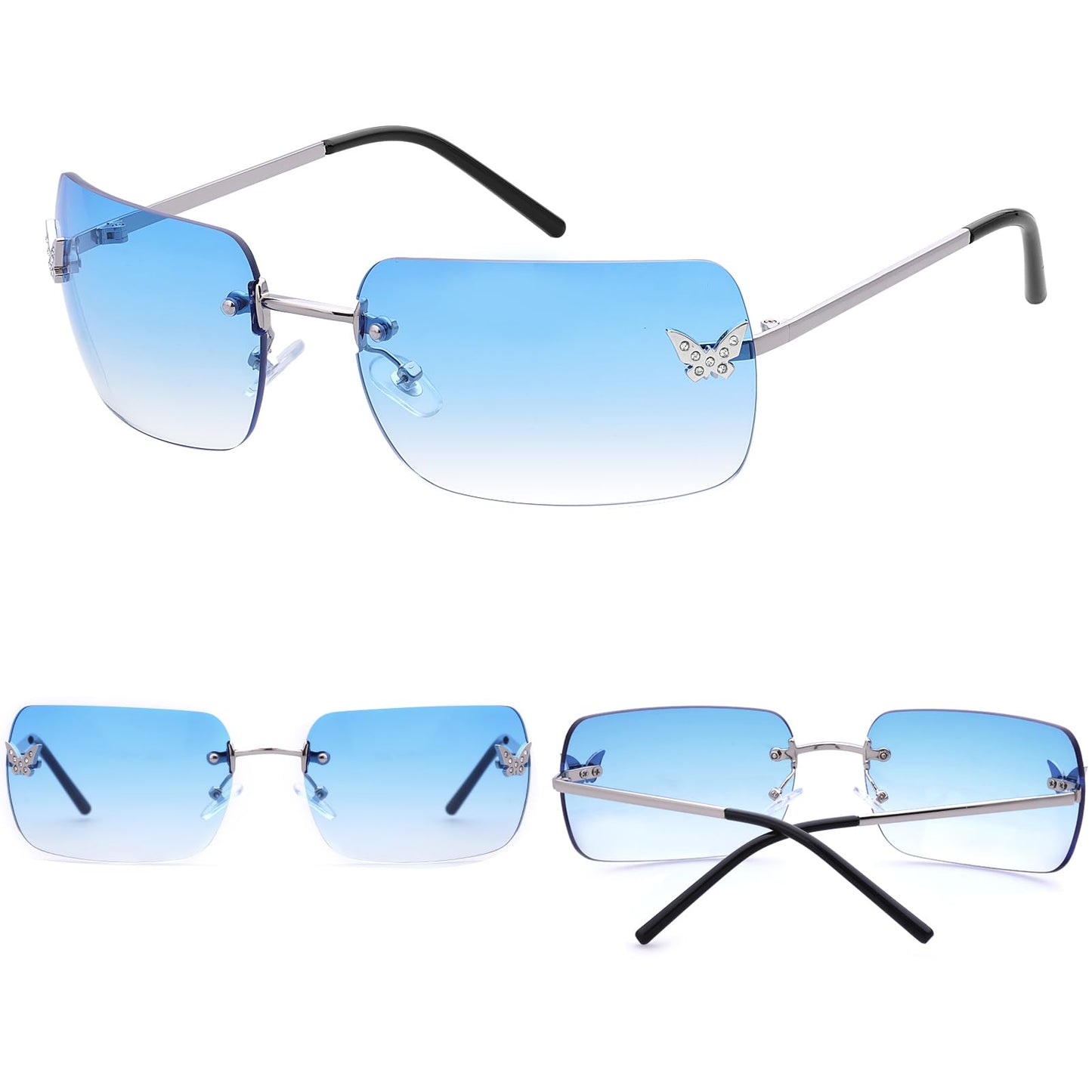 Rimless Rectangle  Sunglasses Blue Tinted Lens (Amazon Find - knliwkm)
