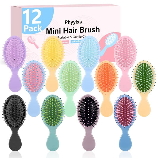 Phyyixs 12 Pack Mini Detangling Brushes - 12 Colors for Wet & Dry Hair, Compact Travel Hairbrush for Teens & Adults, Perfect for Bridesmaid Gifts, Party Favors & Stocking Stuffers