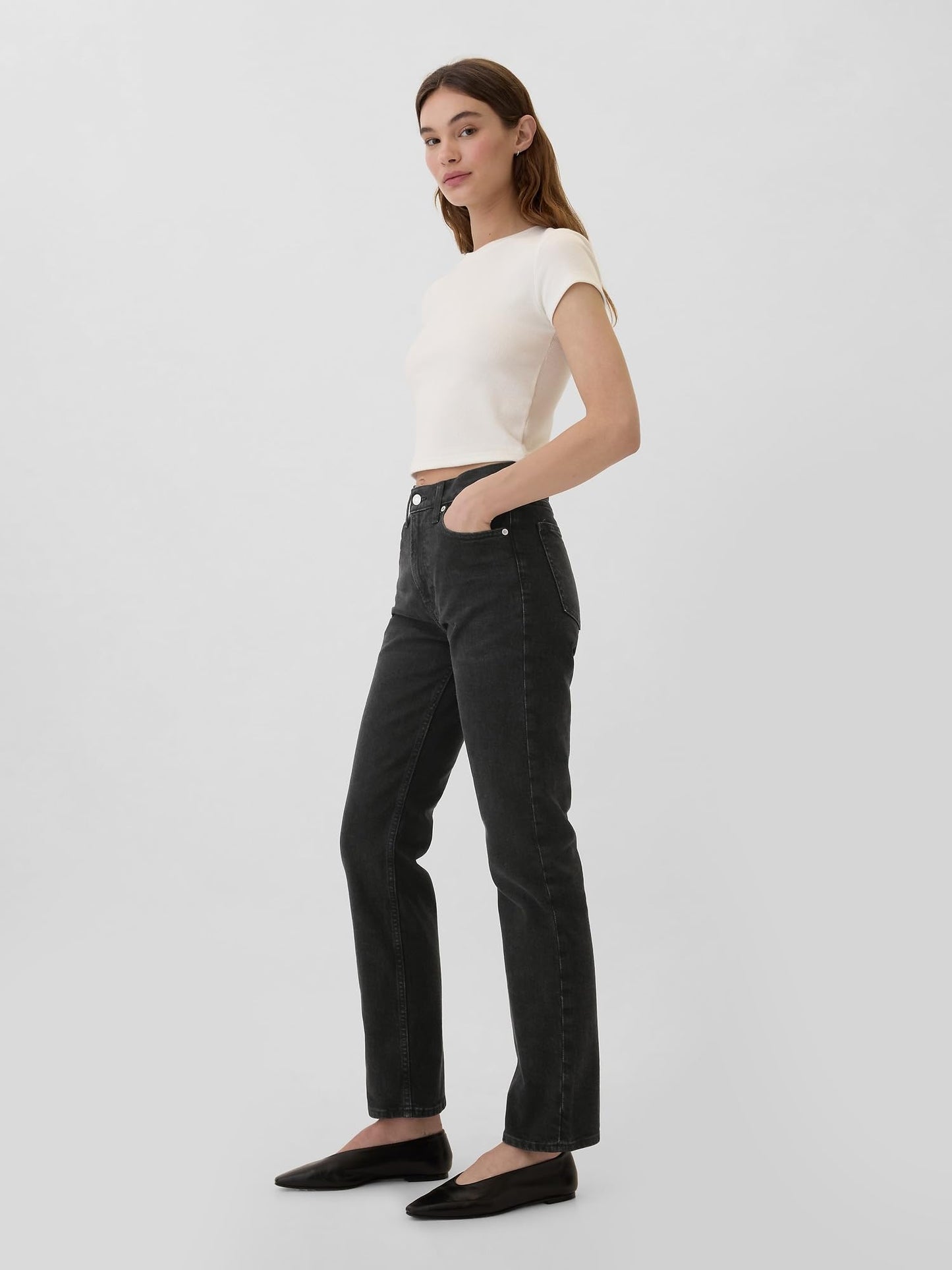 GAP Womens High Rise Straight Fit Denim Jeans Washed Black