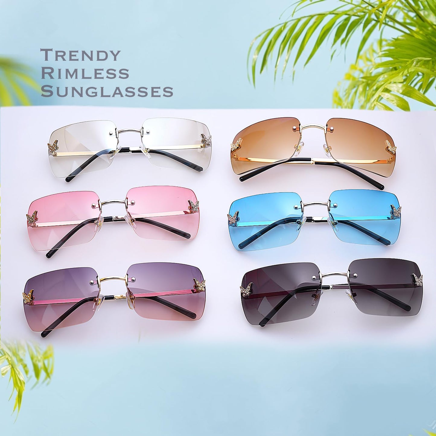 Rimless Rectangle  Sunglasses Blue Tinted Lens (Amazon Find - knliwkm)