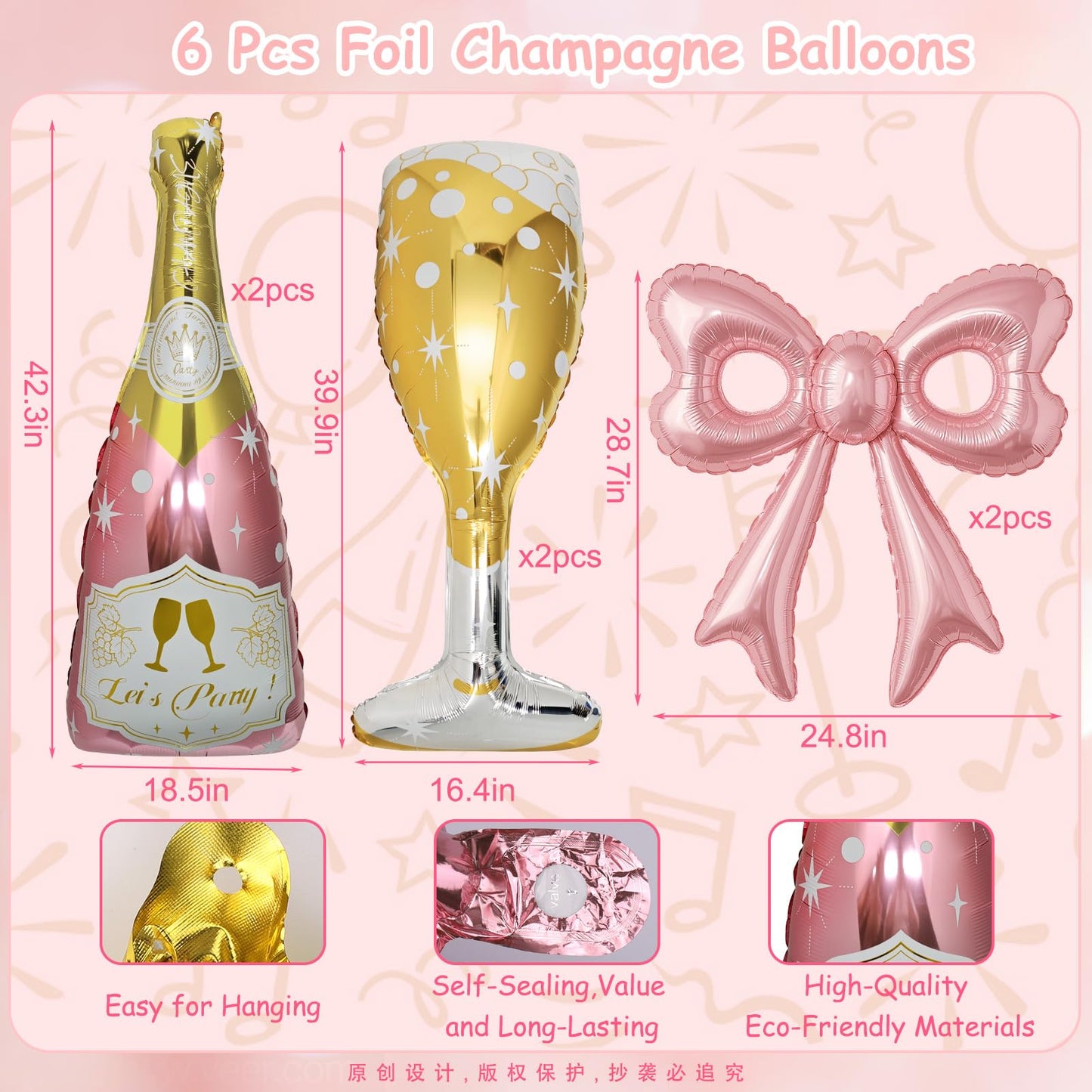 Pink Bow, Gold Champagne Bottle and Goblet Aluminum Foil Balloons-6 Pcs