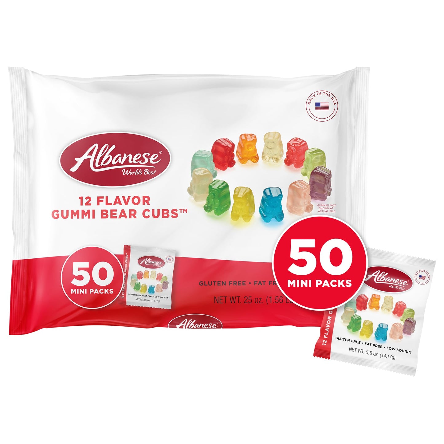 Albanese World's Best 12 Flavor Gummi Bear Cubs | 50-0.5oz Snack Packs