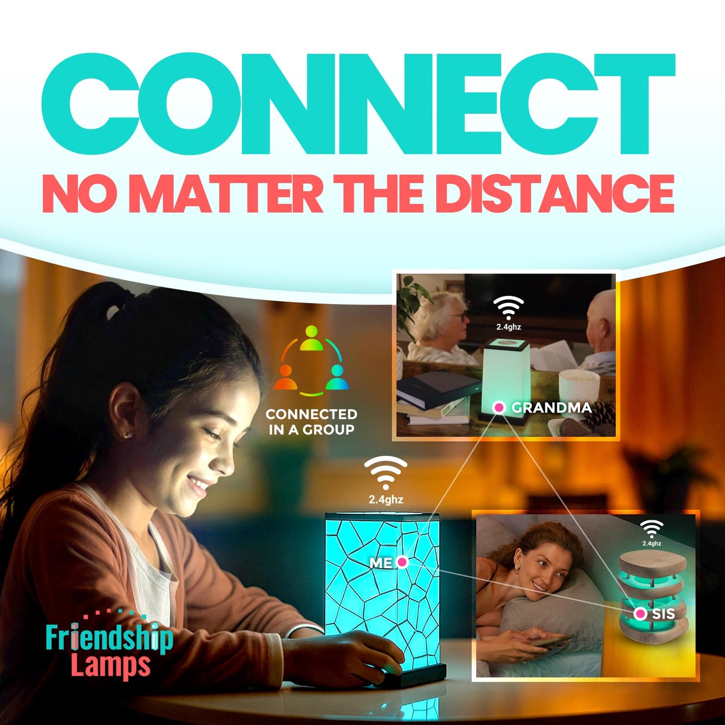 Friendship Lamp Long Distance WiFi Touch Light with Instant Sync, Easy Setup, No Subscription Required, Color-Changing LED Gift for Family, Friends & Loved Ones - 2 Sets