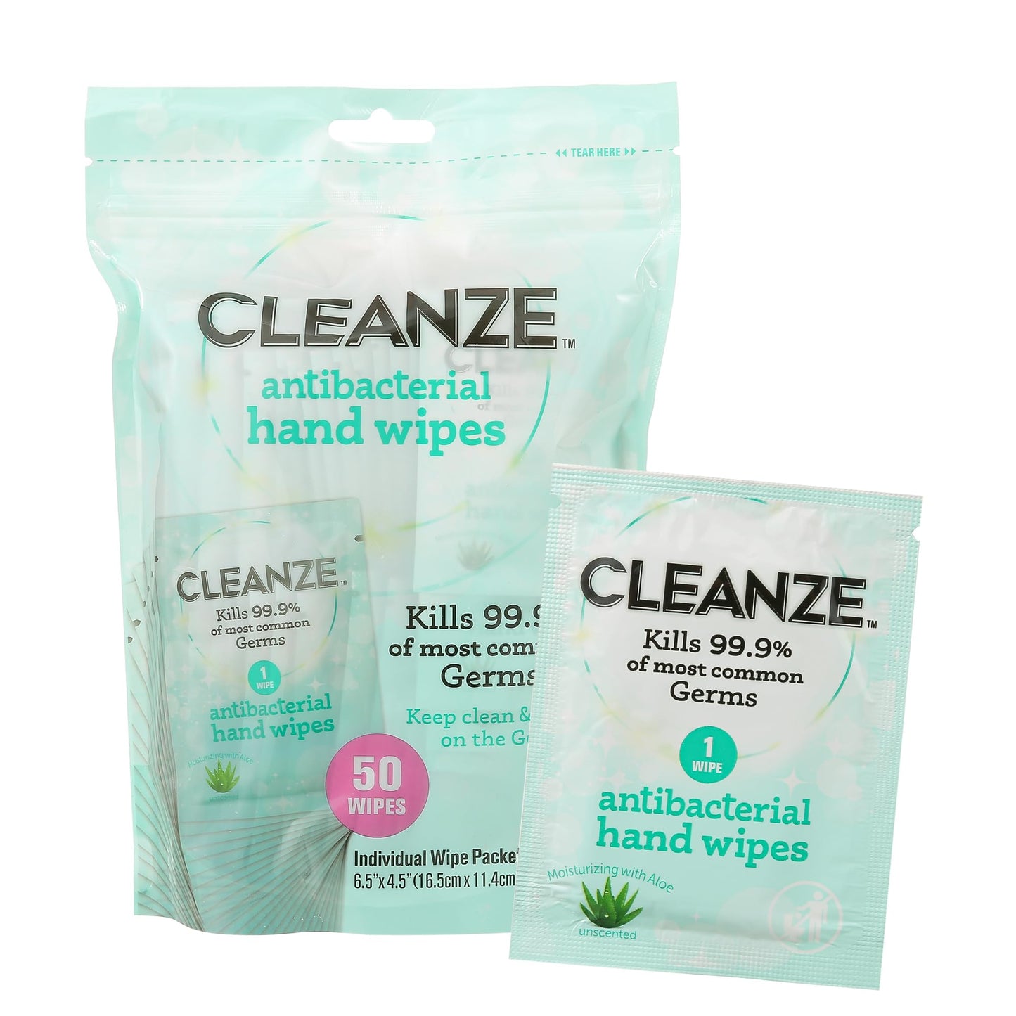 Cleanze Antibacterial Hand Sanitizing Individual Hand Wipe Packets, 50pc