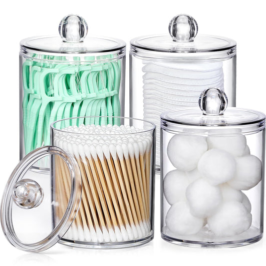 4 Pack Acrylic Qtip Holder Dispenser for Cotton Swabs, Balls, Pads, Floss Picks- Small Clear Acrylic Canister Apothecary Jar Set, Bathroom Essentials Accessories Decor, Vanity Makeup Storage Organizer