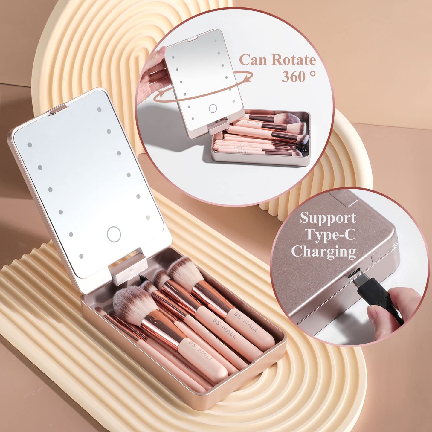 Folding Compact with Mini Makeup Brushes and  LED Light Mirror-14pc