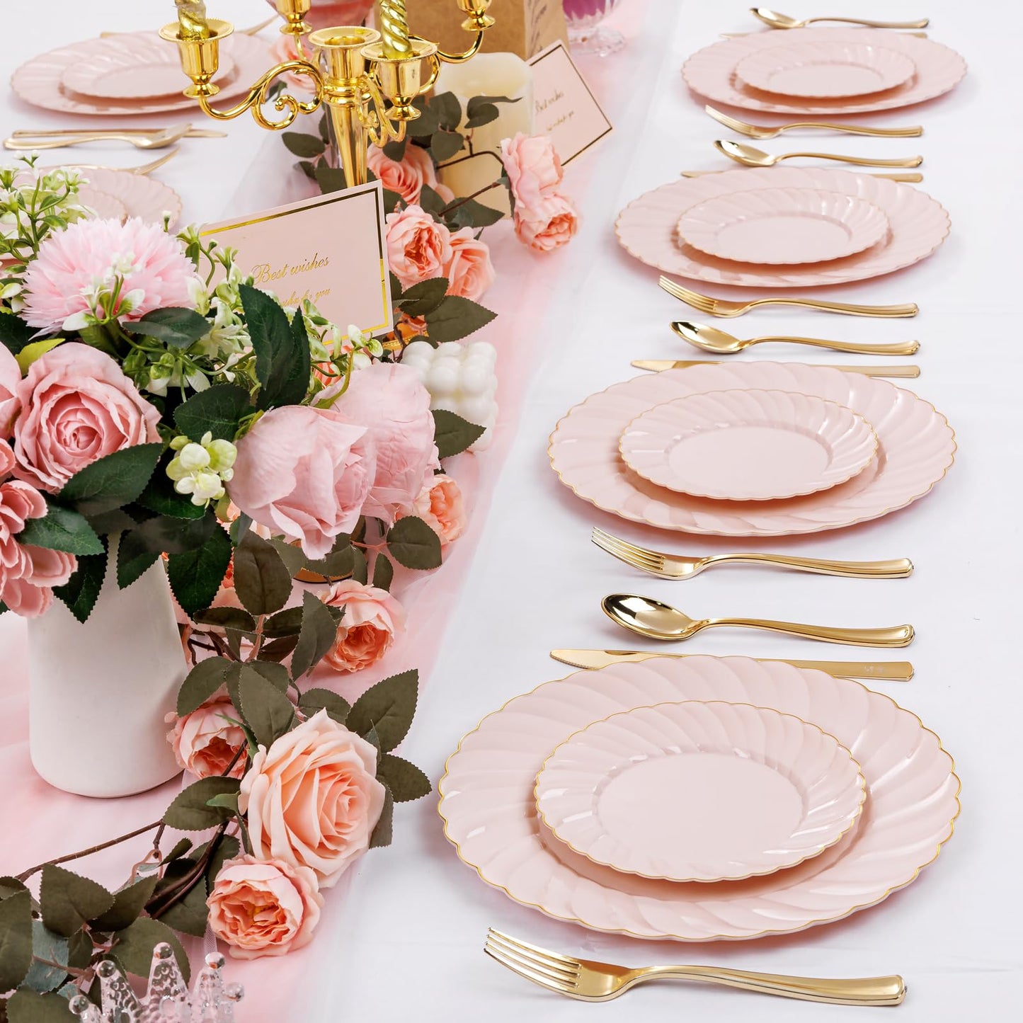Scalloped Plastic Plates Set Includes 25 Dinner, 25 Dessert Plate, 75 Gold Silverware for 25Guests -125Pcs Total
