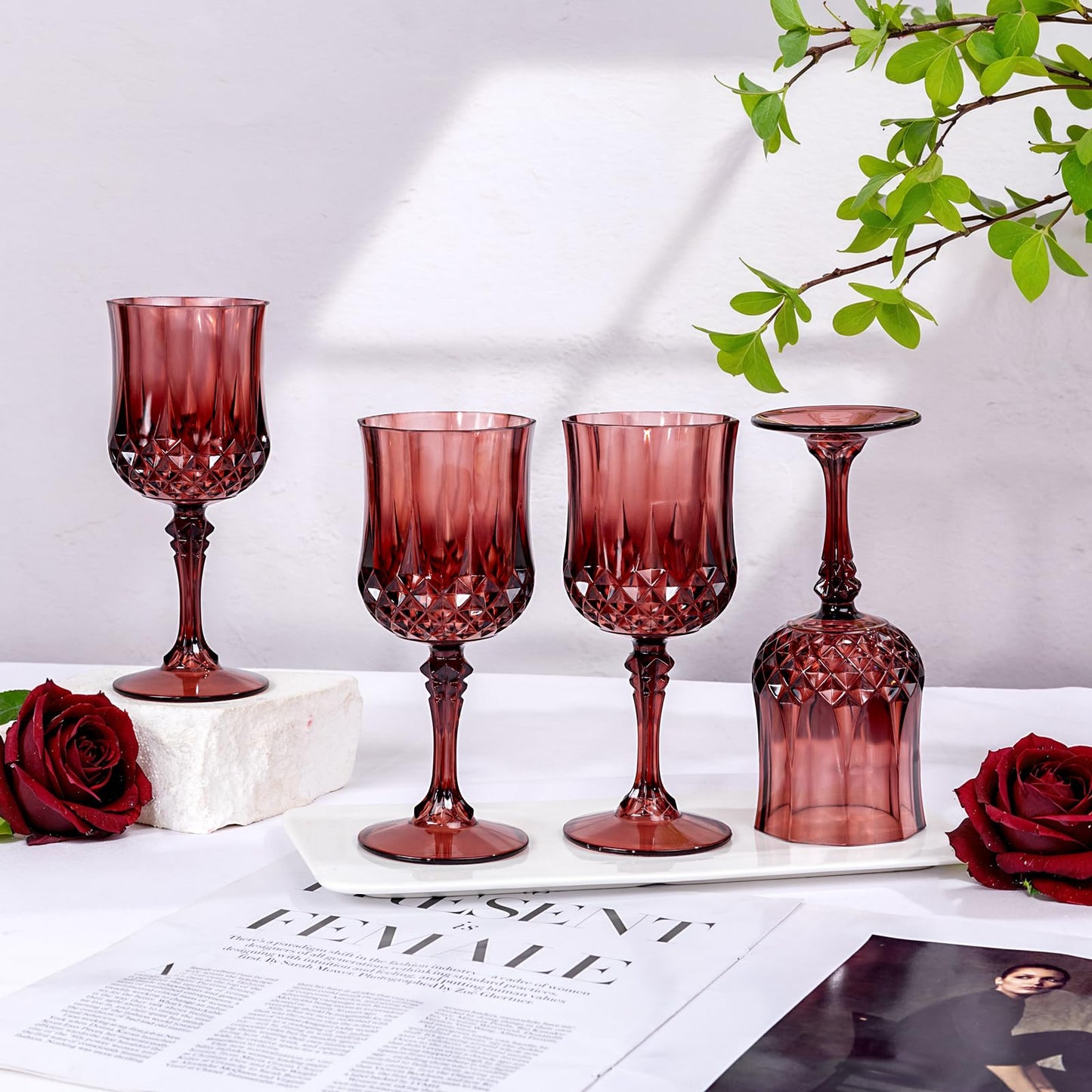 Burgundy Plastic Wine Glasses - 7 Oz Plastic Goblets for Party -24PCS