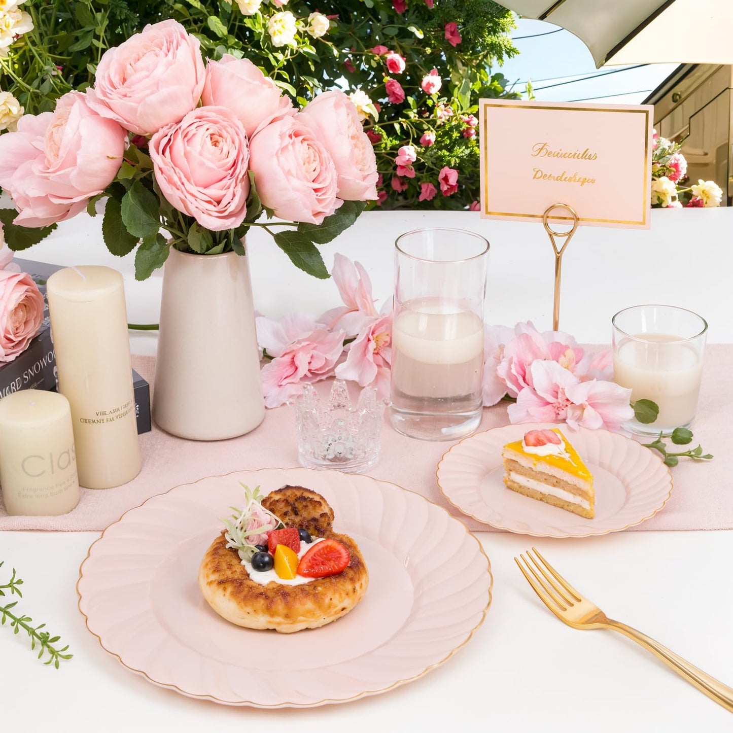 Scalloped Plastic Plates Set Includes 25 Dinner, 25 Dessert Plate, 75 Gold Silverware for 25Guests -125Pcs Total