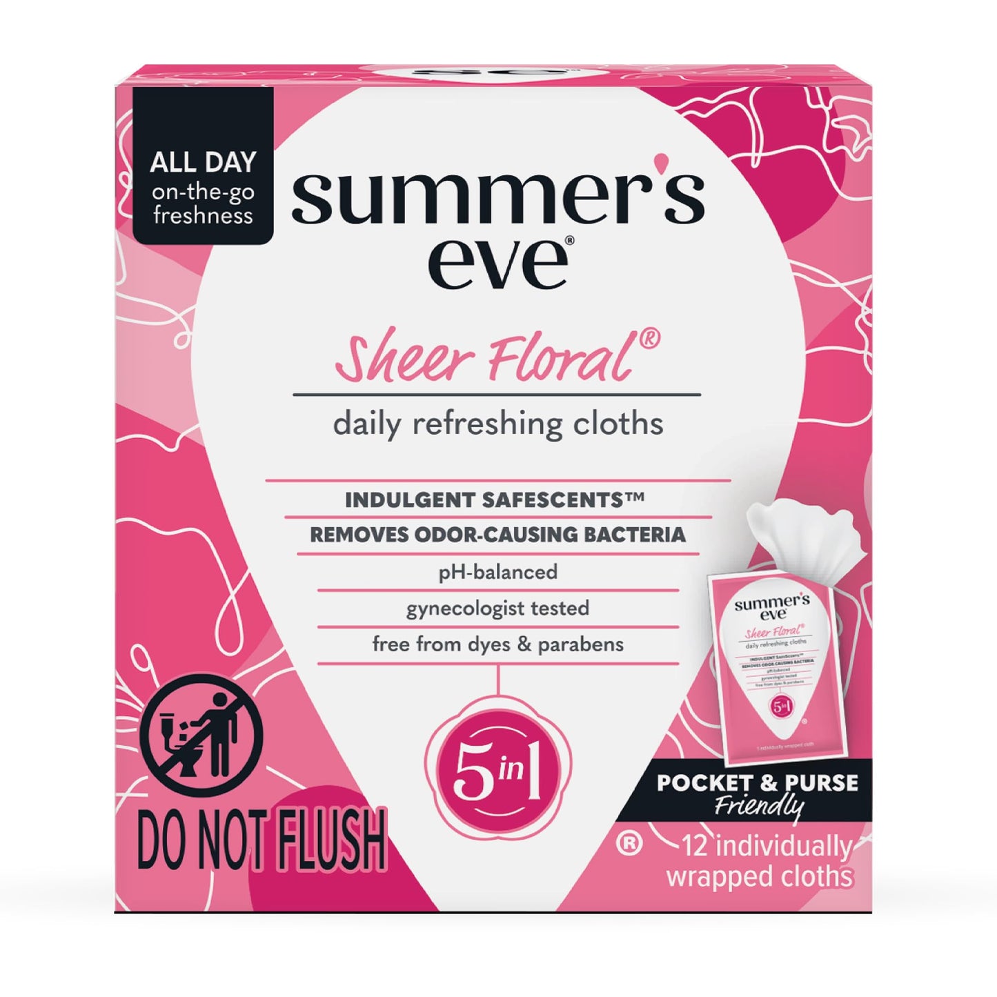 Summer's Eve Sheer Floral Feminine Wipes, Individually Wrapped Wipes, 12 Count