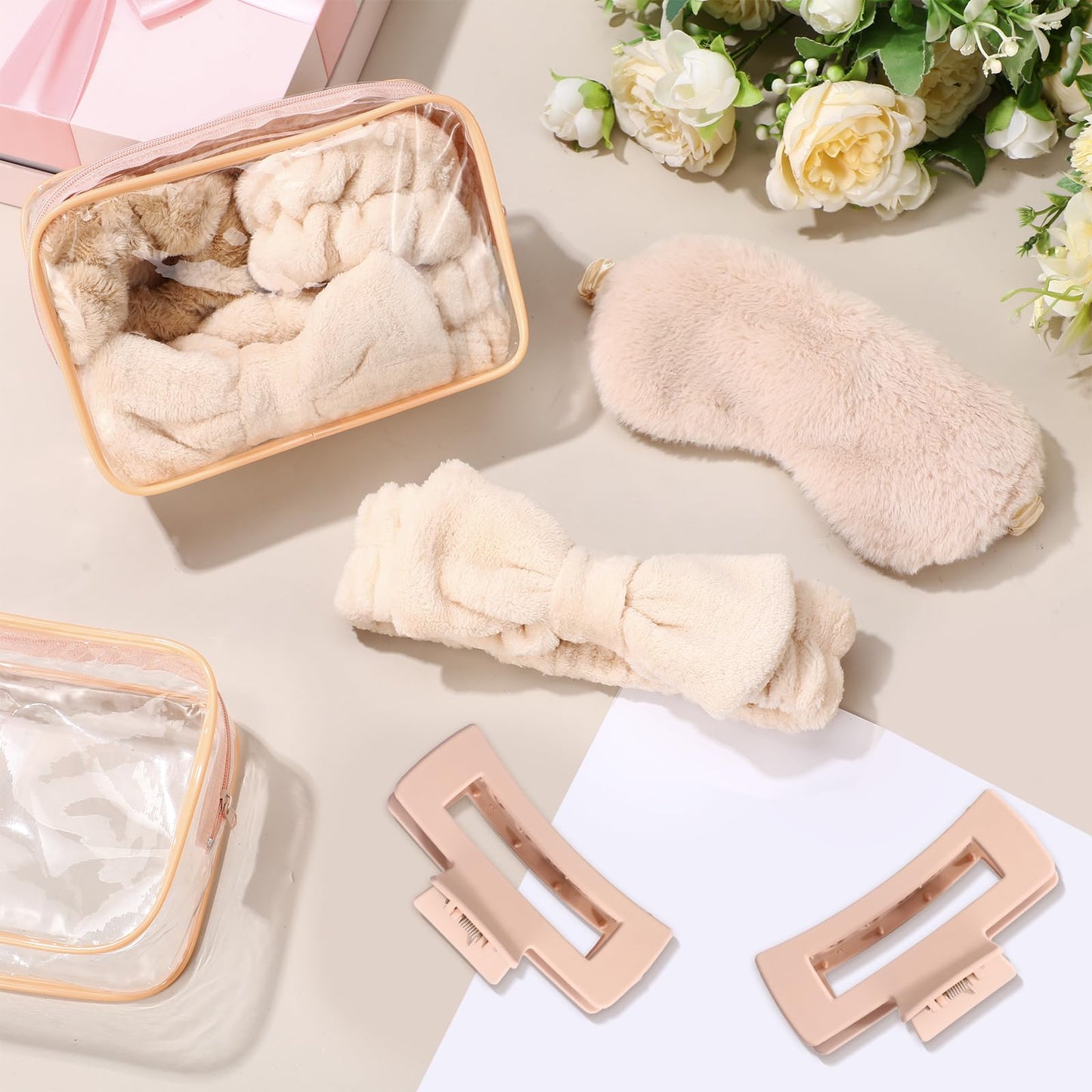 Spa Party Favors Supplies- Headband,Sleep Eye Mask,Hair Claw Clips, Clear Cosmetic Bags -24 Pcs