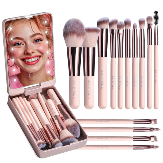 Folding Compact with Mini Makeup Brushes and  LED Light Mirror-14pc