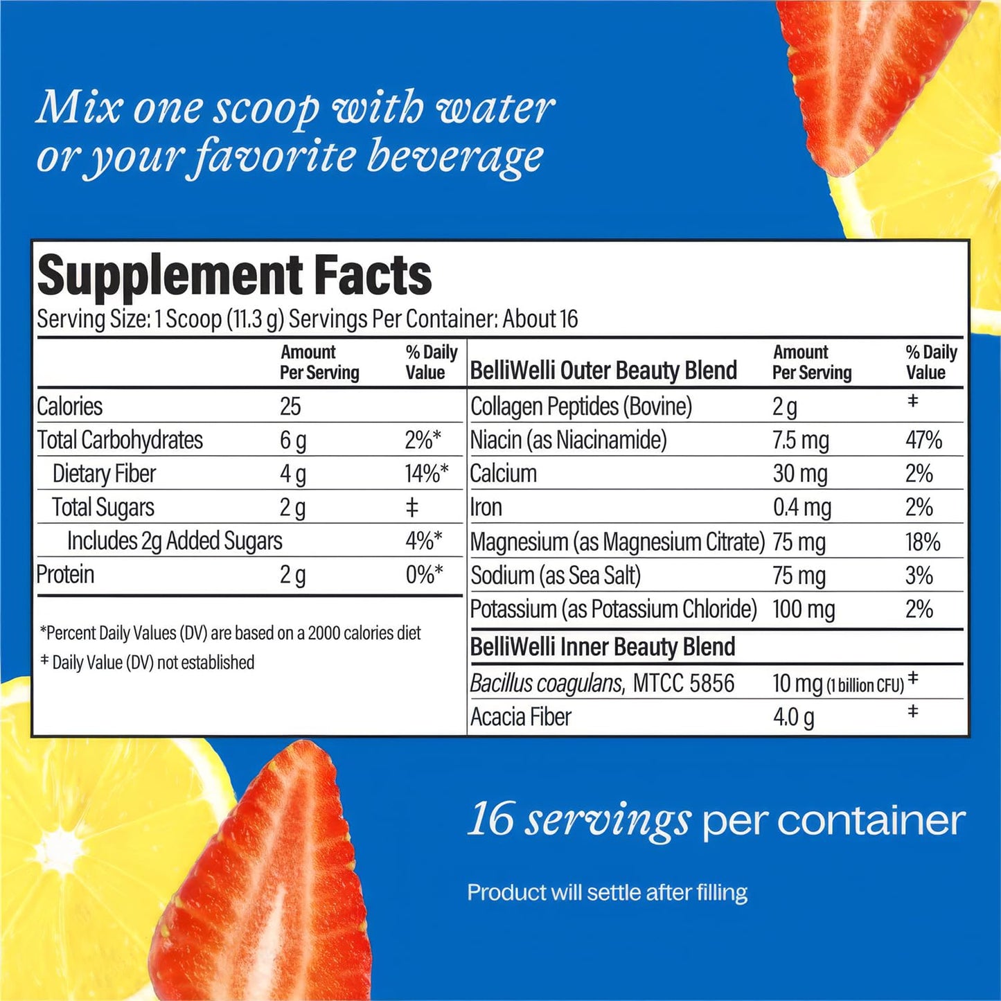 BelliWelli Fiber Supplement with Added Collagen Electrolytes & Probiotics /Gut Health Support (Strawberry Lemonade)