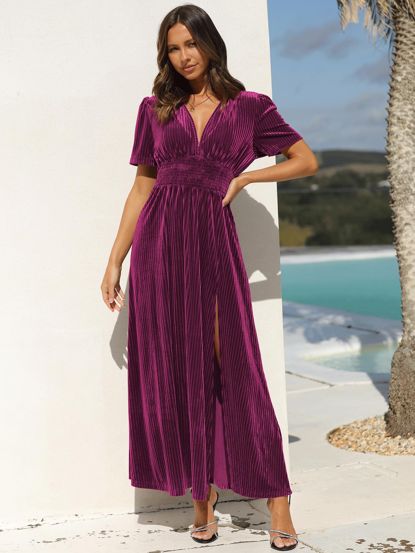 Sissyaki Women's Retro V-Neck Velvet Maxi Dress Wedding Guest Formal Party Long Dresses A#Purple Large