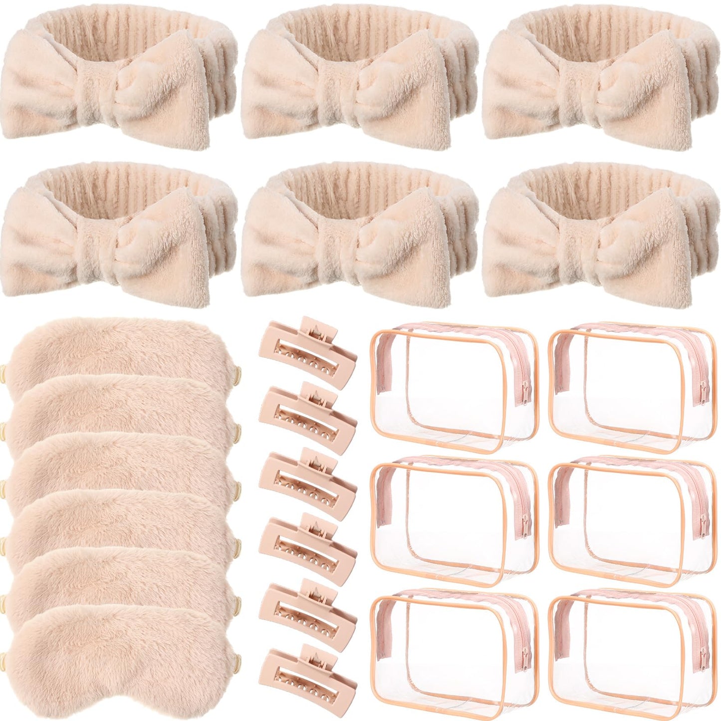Spa Party Favors Supplies- Headband,Sleep Eye Mask,Hair Claw Clips, Clear Cosmetic Bags -24 Pcs