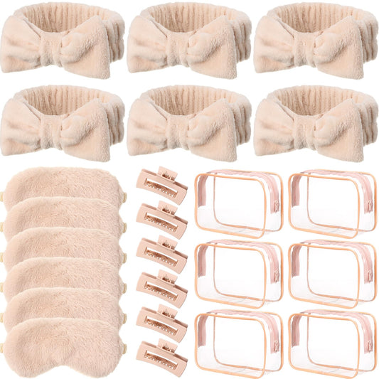 Spa Party Favors Supplies- Headband,Sleep Eye Mask,Hair Claw Clips, Clear Cosmetic Bags -24 Pcs