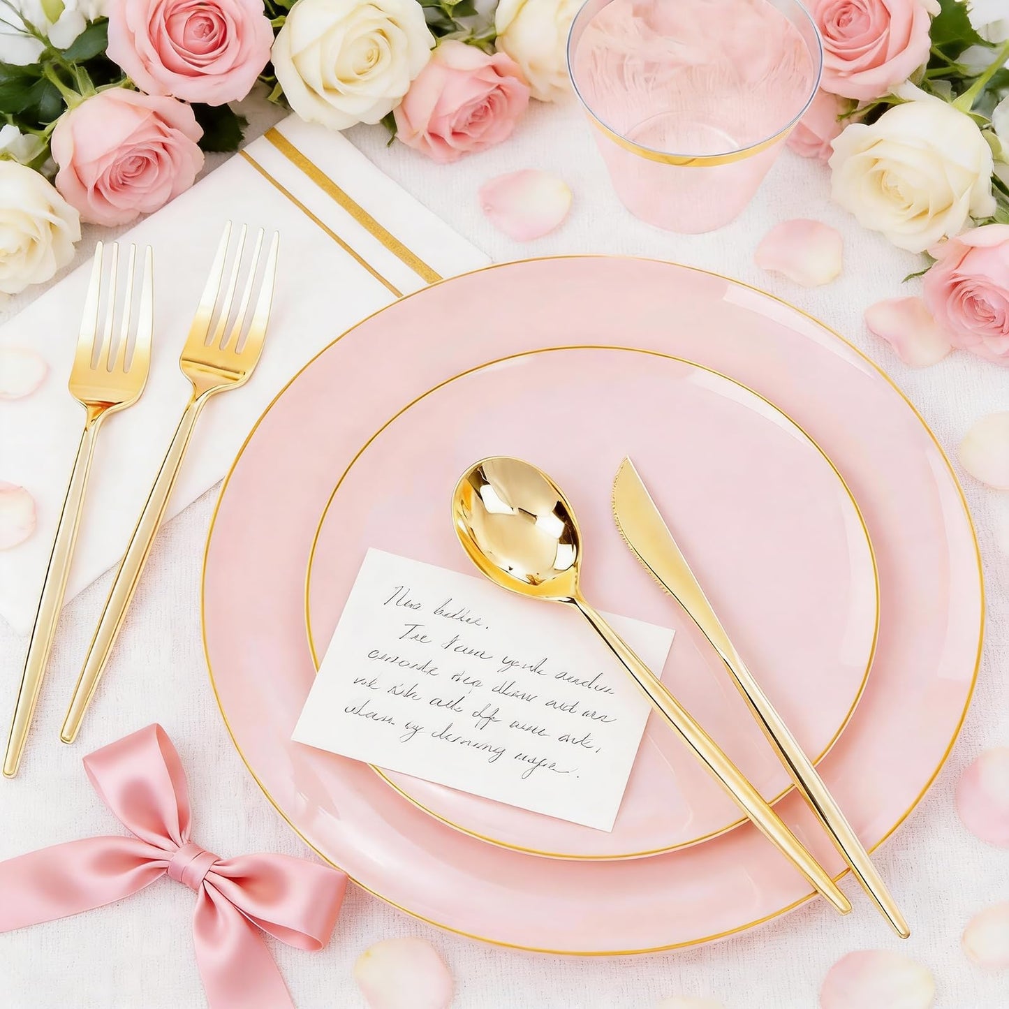Pink Plastic Plates, Cups, Napkins Sets with Gold Rim – 210pc