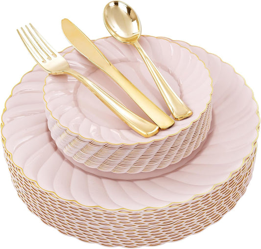 Scalloped Plastic Plates Set Includes 25 Dinner, 25 Dessert Plate, 75 Gold Silverware for 25Guests -125Pcs Total