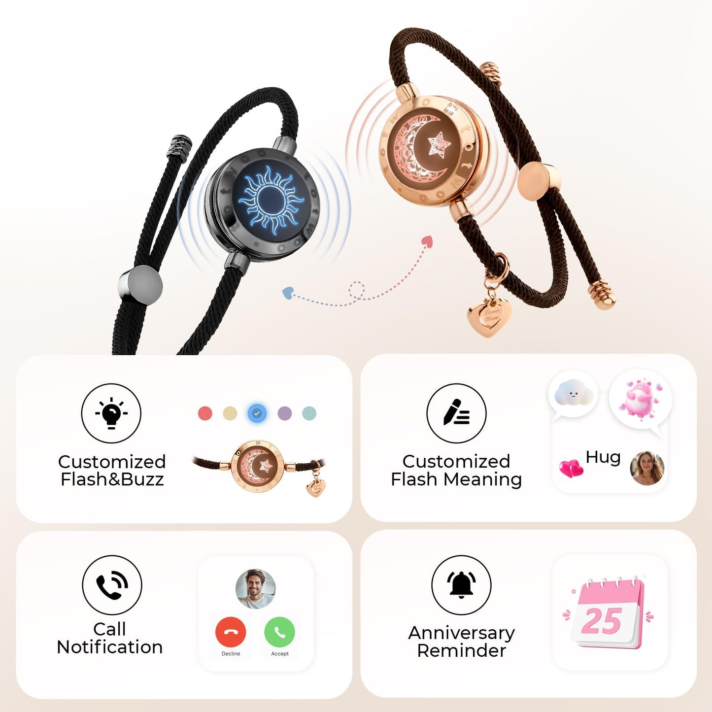 TOTWOO Long Distance Touch Bracelets for Couples, Vibration & Light up for Love Couples Bracelets | Long Distance Relationship Gifts for Girlfriend Bluetooth Pairing Jewelry
