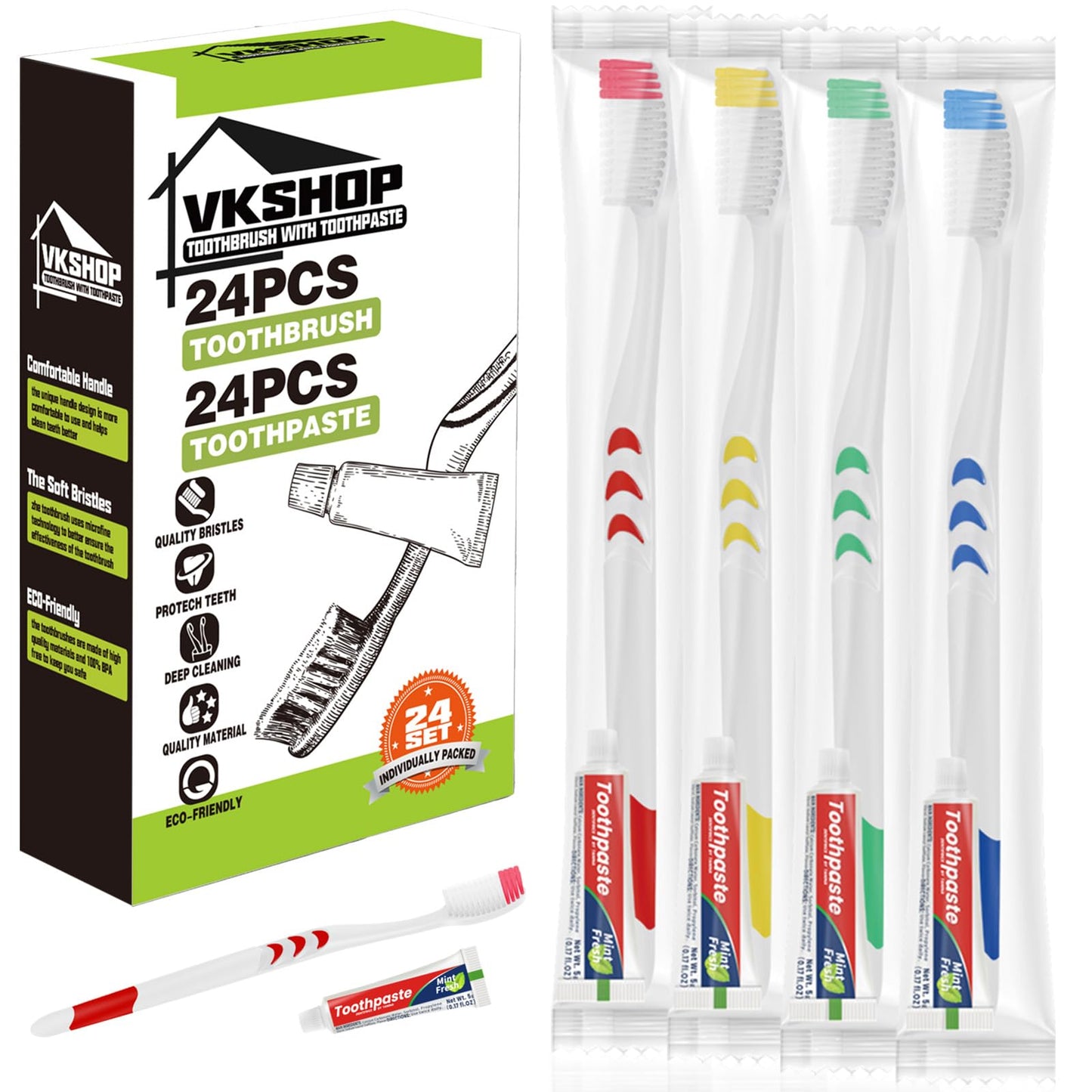 Disposable Toothbrush with Toothpaste, Individually Wrapped-24 Pack