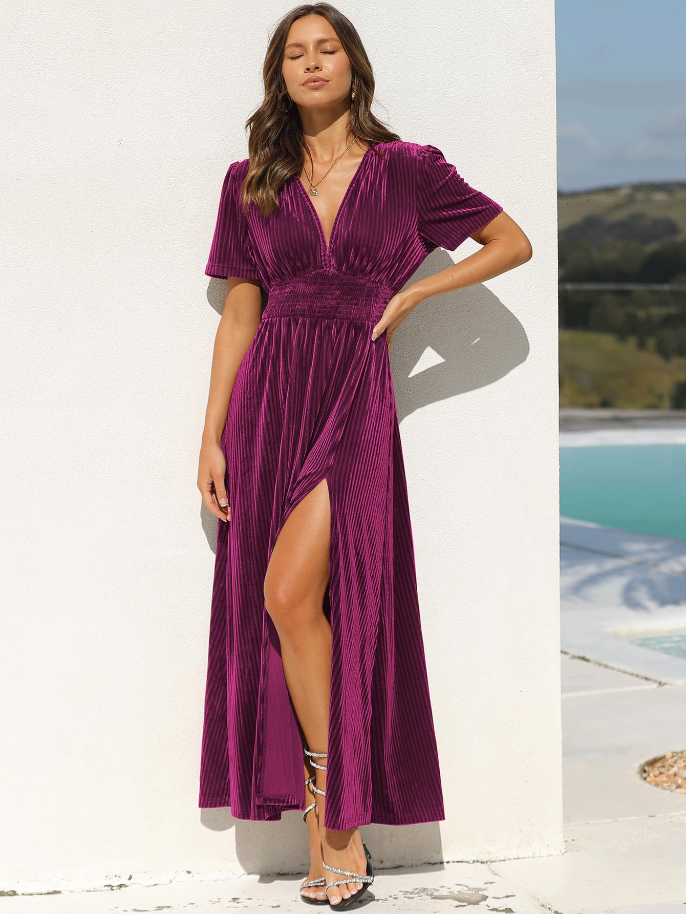 Sissyaki Women's Retro V-Neck Velvet Maxi Dress Wedding Guest Formal Party Long Dresses A#Purple Large