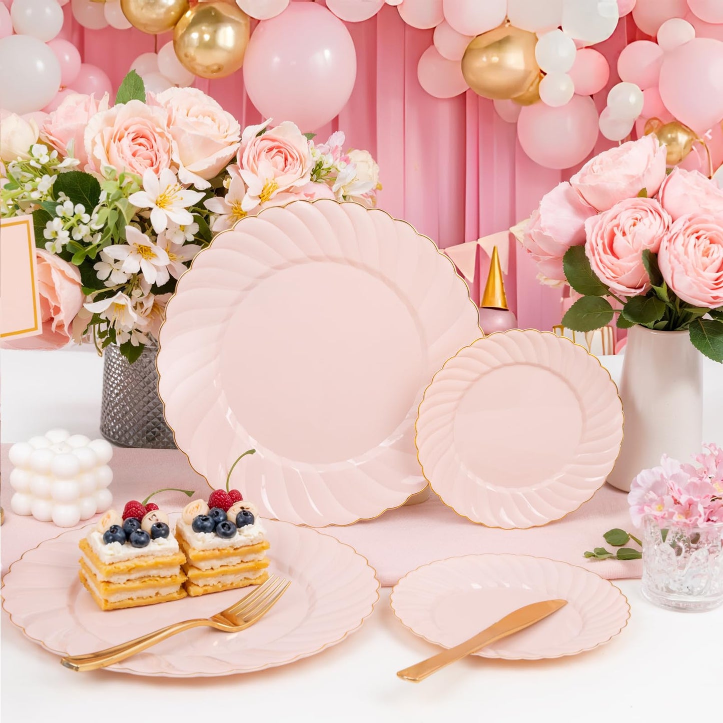 Scalloped Plastic Plates Set Includes 25 Dinner, 25 Dessert Plate, 75 Gold Silverware for 25Guests -125Pcs Total