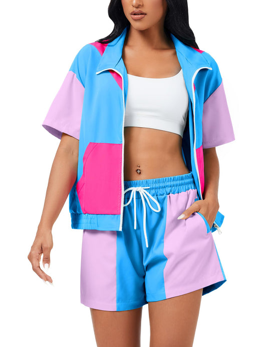 Women's Color Block 80s 90s Outfit 2 Piece Short Sleeve Costume