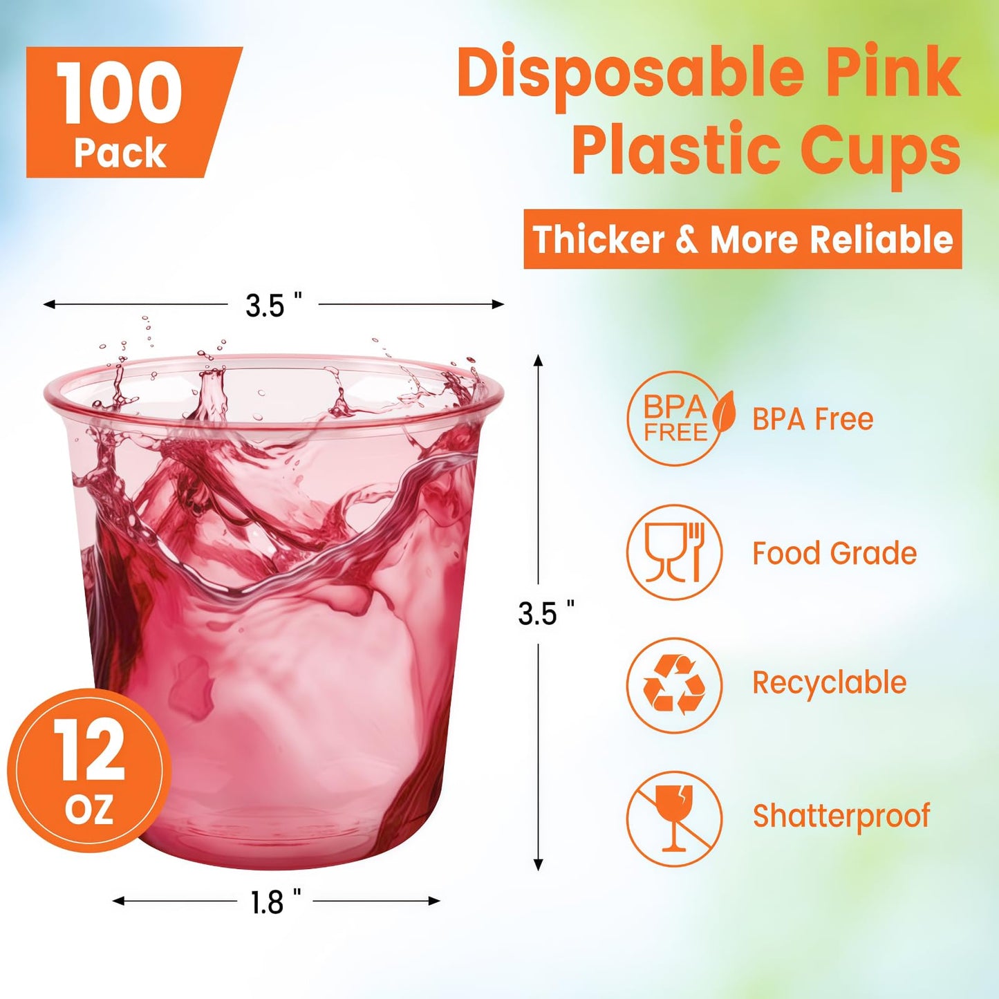 Pink Plastic Cups 12 Oz-100pc