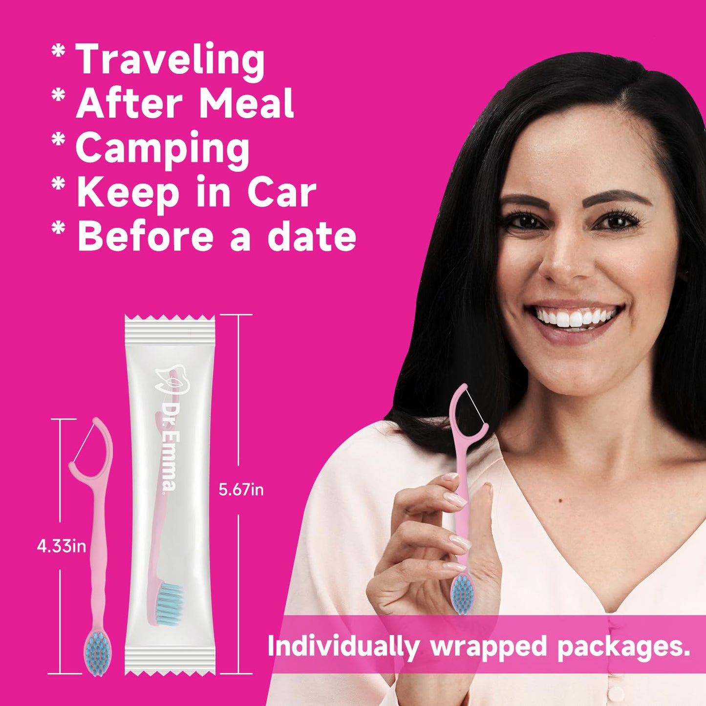 Dr. Emma Mini Brush Disposable Toothbrushes with Floss, Travel Mint Toothbrush-24 Packs