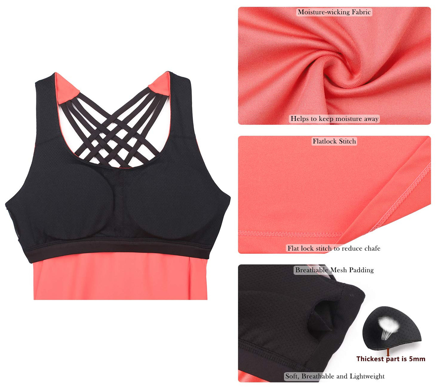 icyzone Yoga Tops Workouts Clothes Activewear Built in Bra Tank Tops for Women (S, Fusion Coral)